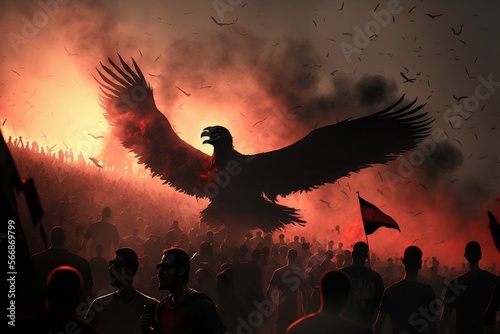 Flamengo fans following their bus. Huge vulture (mascot) in front. Red and black smoke. photo