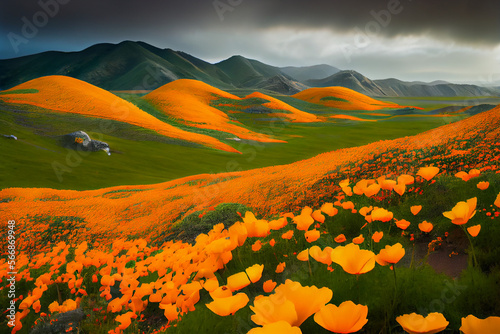 Beautiful orange wildflowers landscape painting, mountain field painting, wallpaper background. 
