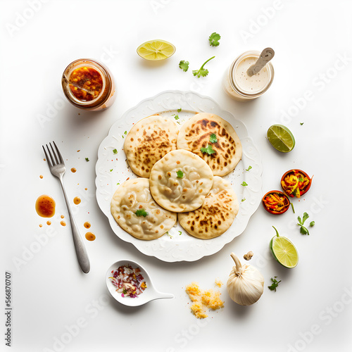 Pupusas on white background food photography. High-quality images capture the traditional flavors and textures of this beloved street food in a modern and sophisticated way. Ideal for cookbooks