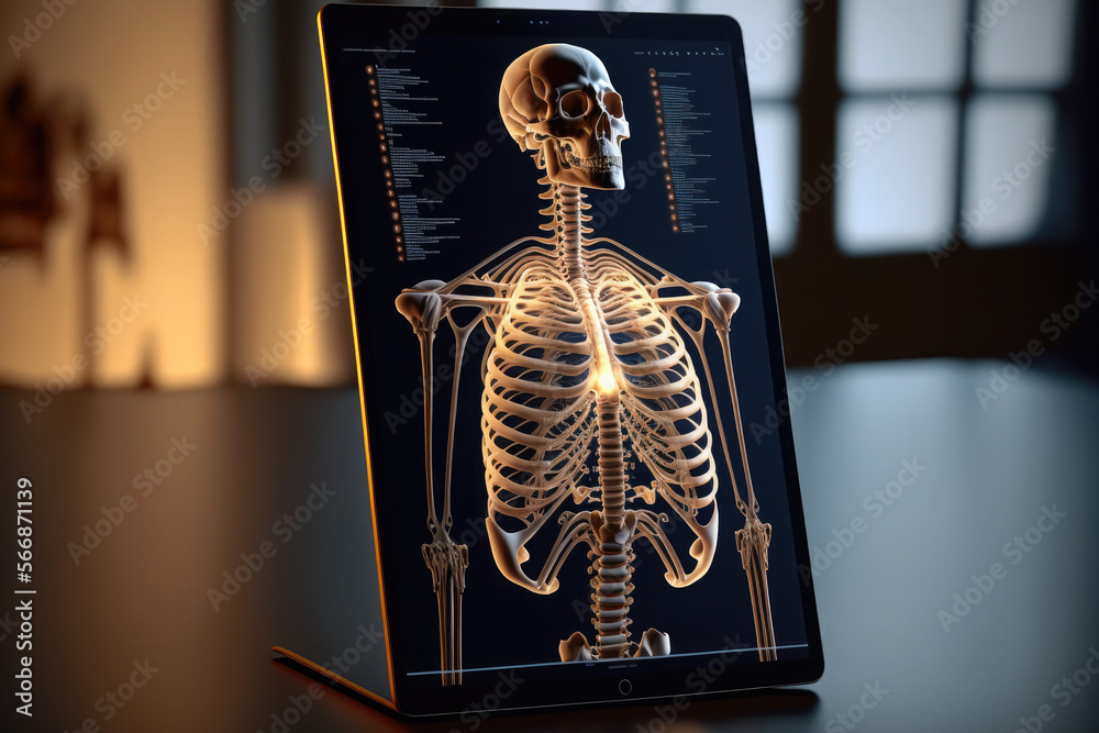 Tablet, laptop, computer screen, technology with medical data, skeleton Tablet, laptop, computer screen, technology with medical data, skeleton