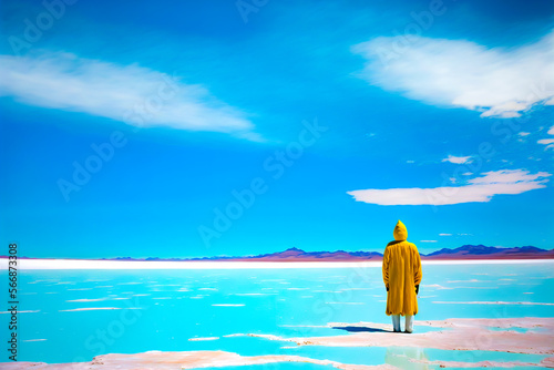 Lonely traveler standing on frozen lake, back view full body of tourist in long yellow coat with hood on head standing on frozen lake against mountains. Generative AI illustration.
