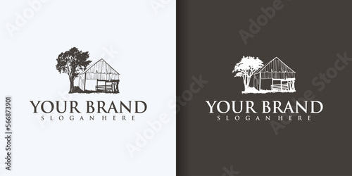 Farm House concept logo. Template with farm landscape. Label for natural farm products