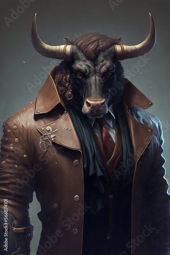Fényképezés Anthropomorphic stylish bull wearing a human leather coat fashion design