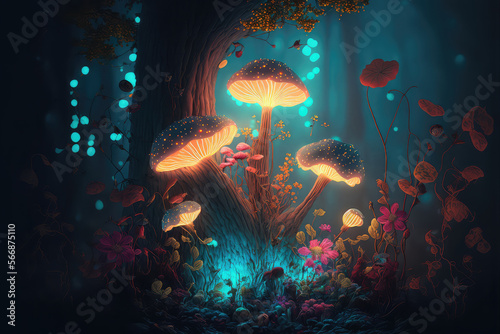 Fairy forest at night, fantasy glowing flowers, mushroom and lights. (ai generated)