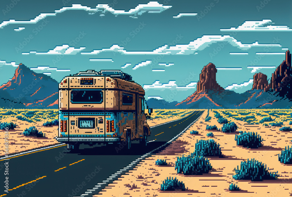 Camper van travel road trip beautiful view landscape pixel art style ...