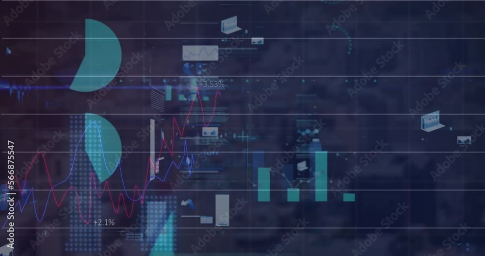 An animation of a stock market display with purple, pink, and blue ...