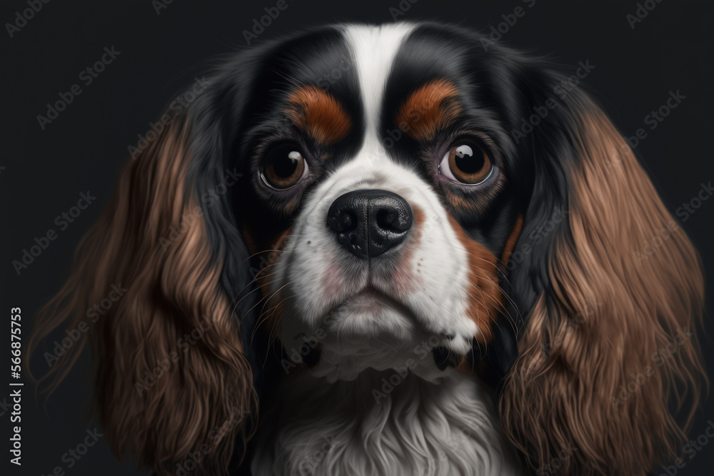 A gorgeous Cavalier King Charles Spaniel dog is depicted in extreme close up against a gray background. direct shot to the face Dog turns to face the camera. Generative AI A gorgeous Cavalier King Charles Spaniel dog is depicted in extreme close up against a gray background. direct shot to the face Dog turns to face the camera. Generative AI
