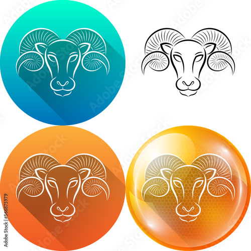 Set of Ram-Goat Aries Zodiac Sign Material Flat Round Icon, Silhouette, Diagonal Shadow and Air Element Circle Bubble Minimalistic Isolated on White Background for Horoscope, Astrology and Wishful.