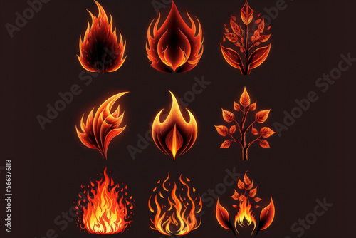 A wide variety of red flames that burned, fluttering naturally in the dark at night. Generative AI