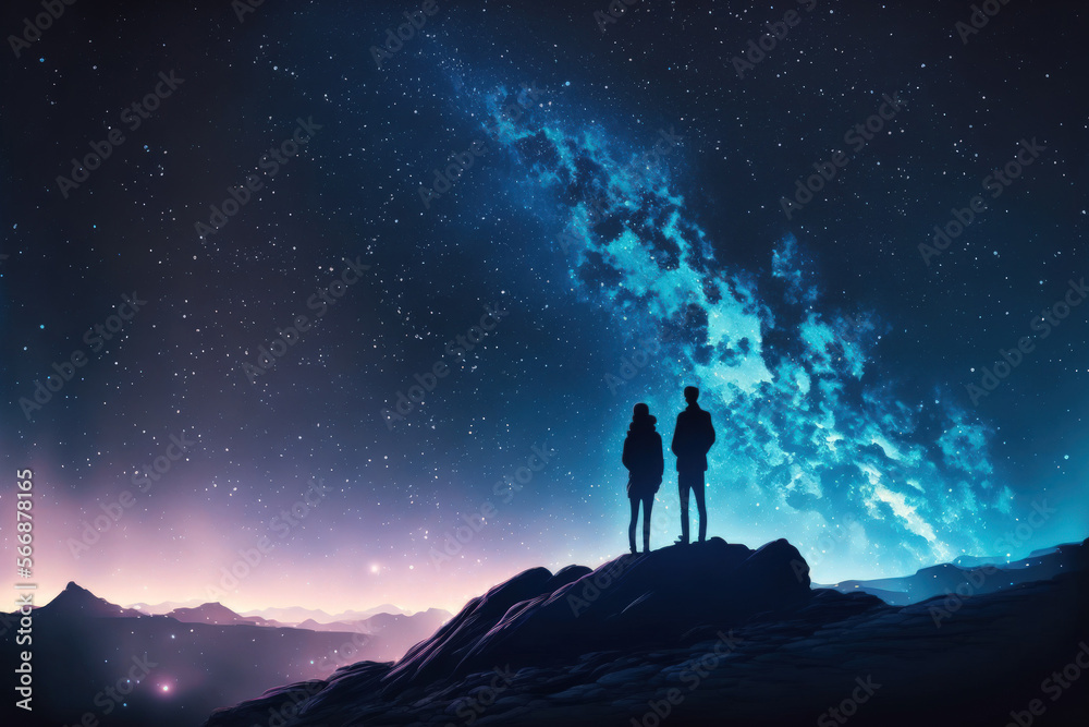 A young Asian couple is standing together at the highest peak. Happily watch the stars in the sky and the Milky Way on a romantic night. Long exposure with grain. Generative AI