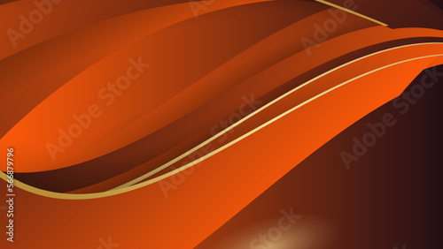Abstract gradient orange background with gold wavy lines. Luxury style template design. Vector illustration.
