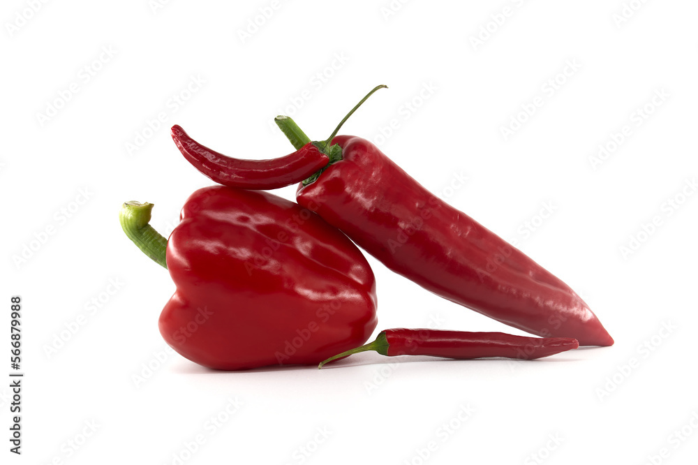 Red chili peppers and bell pepper isolated on white