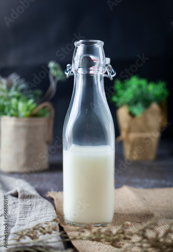 A bottle of milk and on a wooden table on a dark background