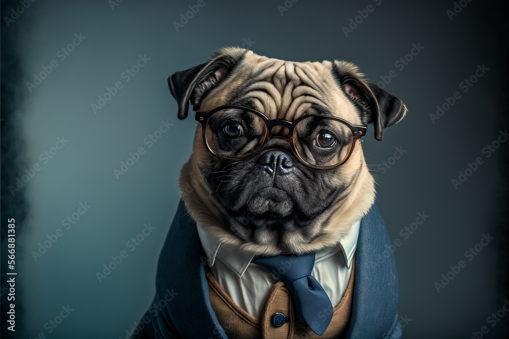 Funny pug wearing glasses with suit in the blue background. Generative AI Illustration