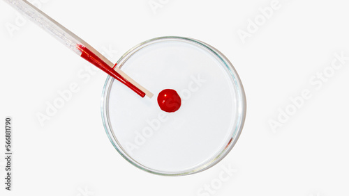 Petri dish on a light background. A drop of blood. Laboratory test, dna, blood test, laboratory.