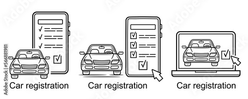 Online car registration service, auto transport insurance on mobile phone, maintenance inspection report line icon. Web internet document buy vehicle. Check list automobile repair on computer. Vector