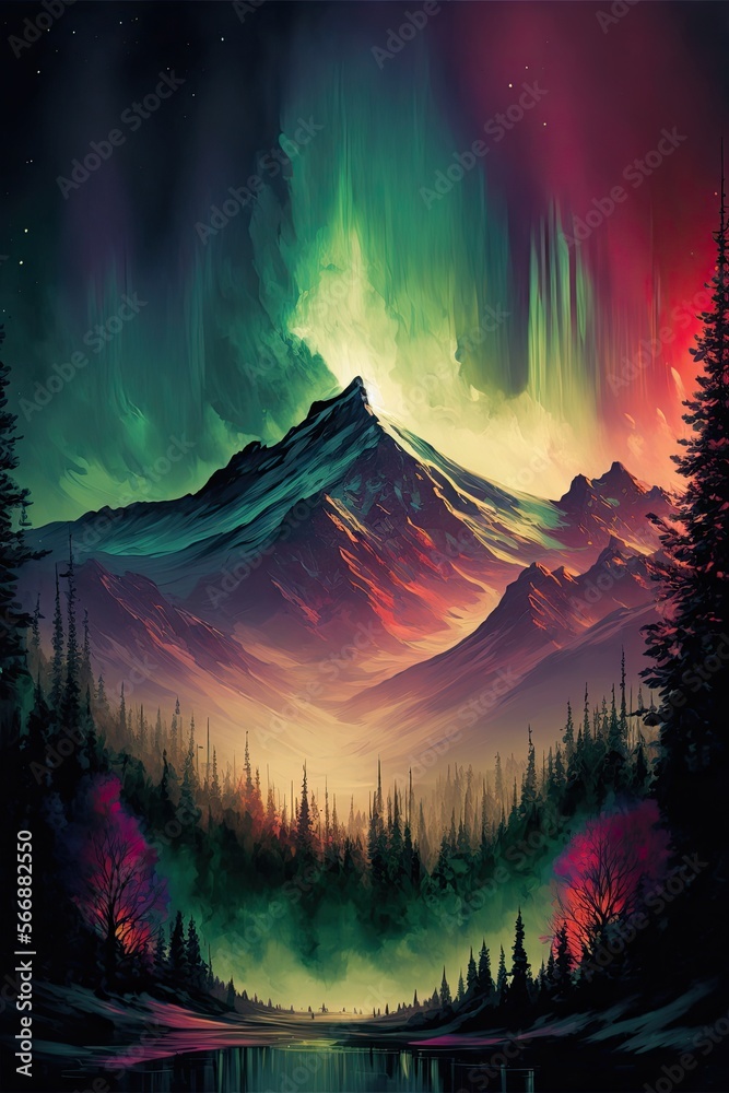 Fototapeta premium Mountains With Northern Lights In Night Sky