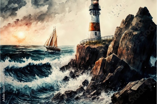 A lighthouse on a rocky cliff overlooking the ocean with waves crashing below and a sailboat in the distance