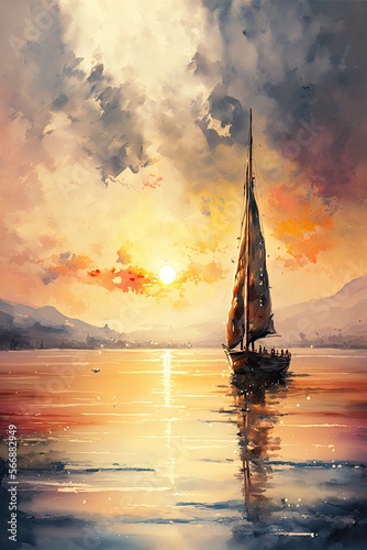 A sunset seascape with the sun casting warm colors over the water and a sailboat in the foreground