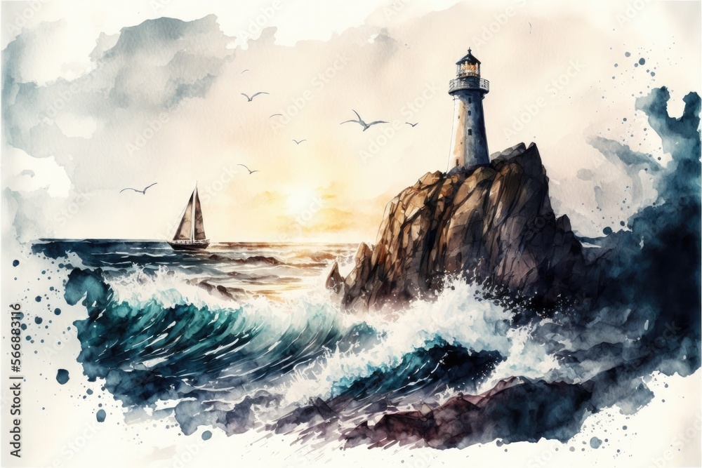 A lighthouse on a rocky cliff overlooking the ocean with waves crashing below and a sailboat in the distance