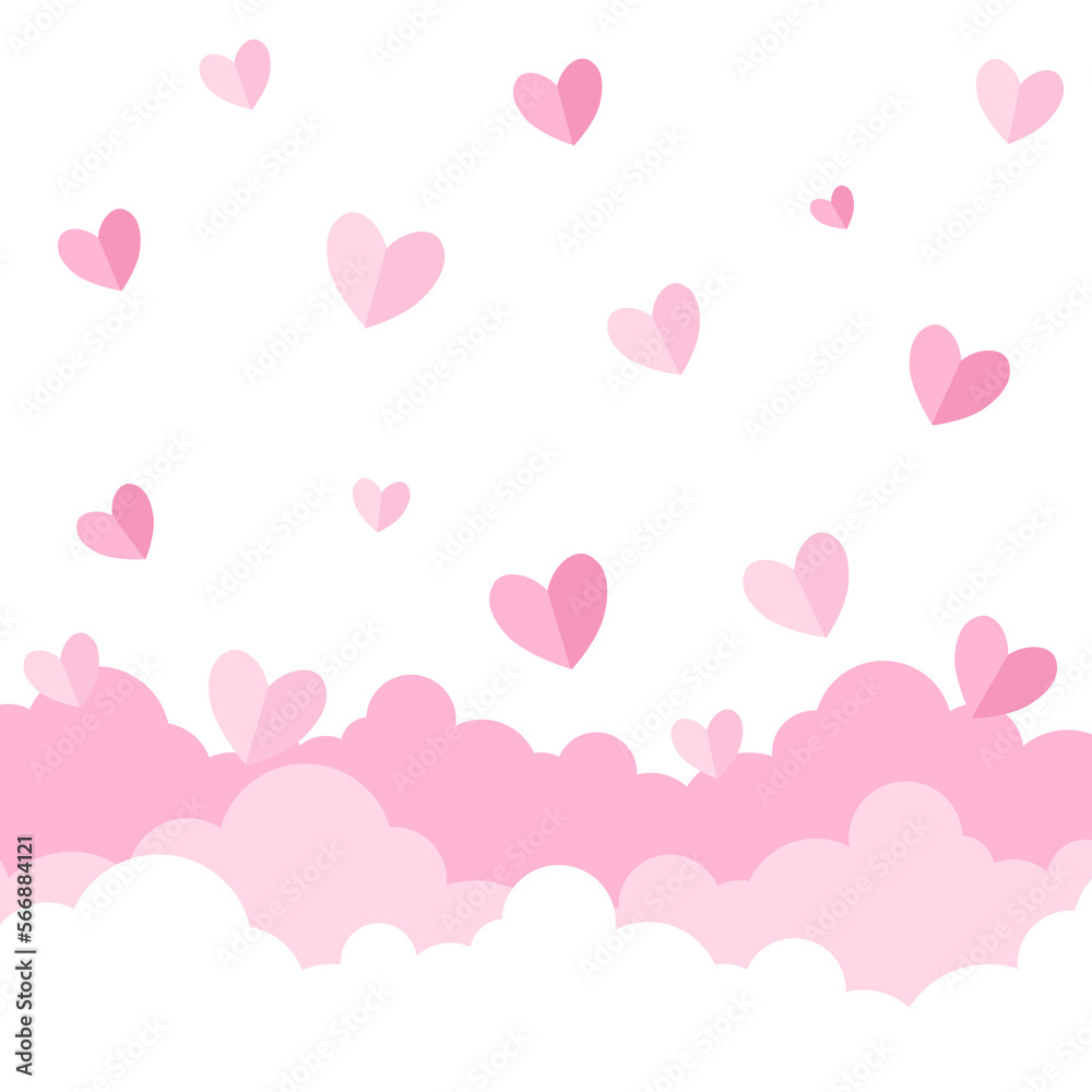Happy Valentines Day background with pink clouds sky and hearts.
