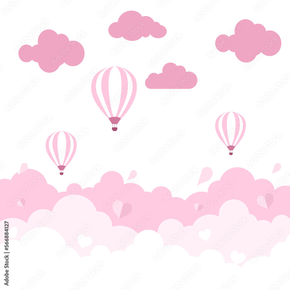 Happy Valentines Day background with pink clouds sky, balloon and hearts.