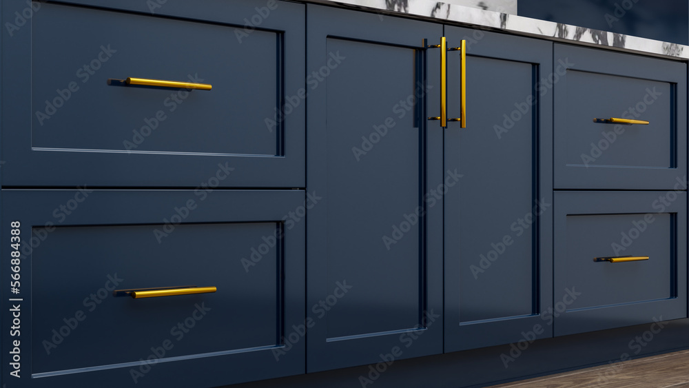 Navy blue kitchen cabinet doors and golden metal kitchen handles - obrazy, fototapety, plakaty 