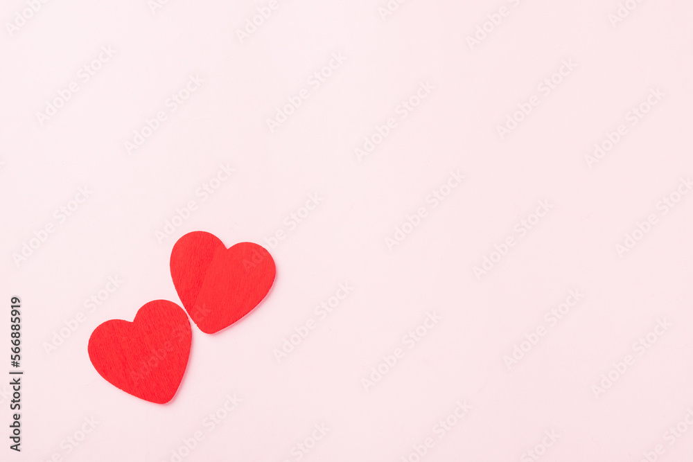 Valentines' day background. red hearts composition greeting card for love Valentines day concept isolated on pink background with copy space. Top View flat lay from above