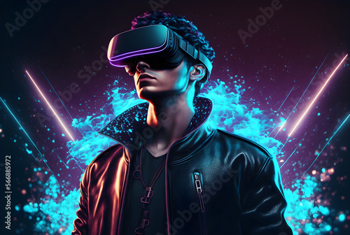 A male character enters the metaverse world while wearing a VR headset. Generative Ai © Enteng