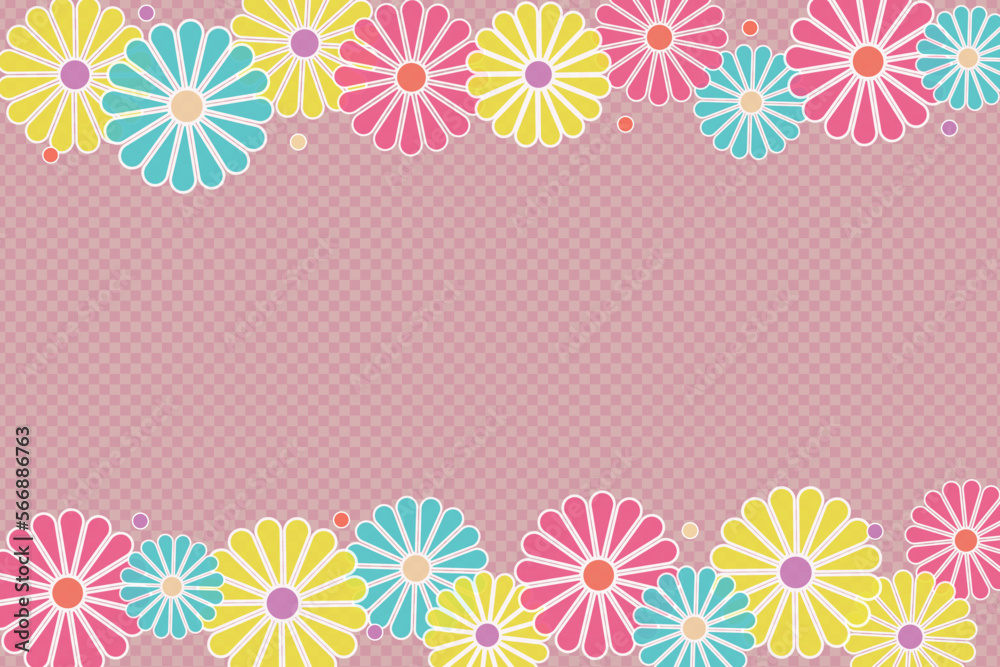 Checkered pink background with colorful flowers and copy space, vector illustration.