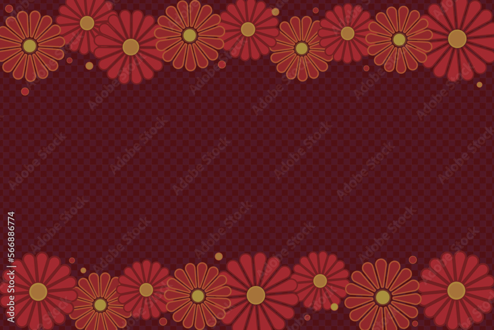 Red checkered background with flowers frame and copy space