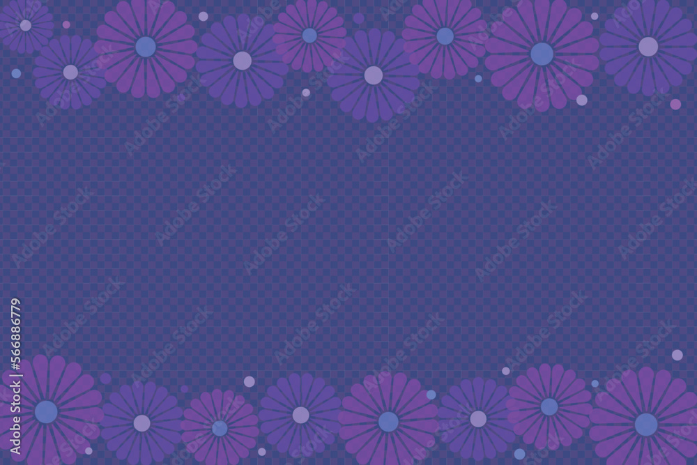 Blue checkered background with purple flowers frame with copy space Blue checkered background with purple flowers frame with copy space