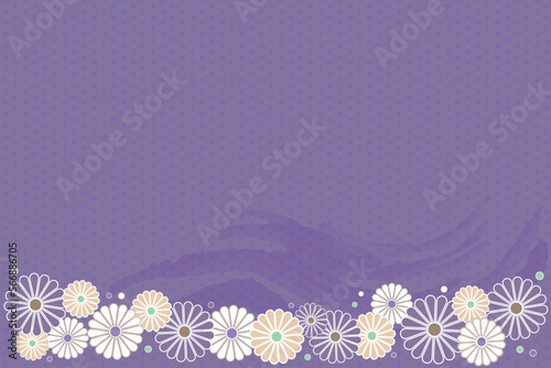 Purple flowers frame and abstract leaves on a Japanese traditional checkered paper with copy space