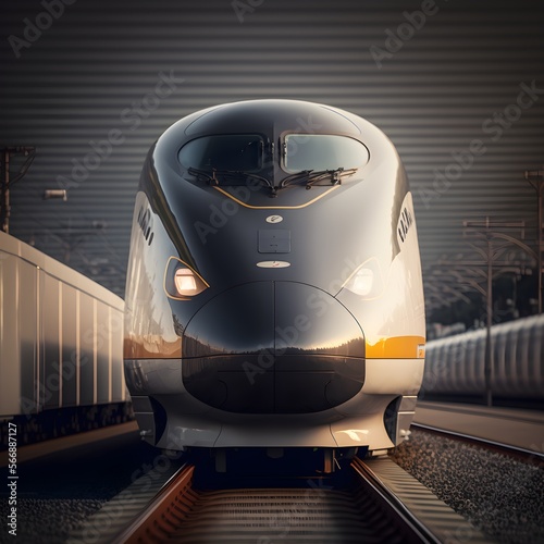 Japanese high speed bullet train arrival at station on 
railway track , front view, generative ai, fastest train, high speed train at station in evening, Shinkansen  photo