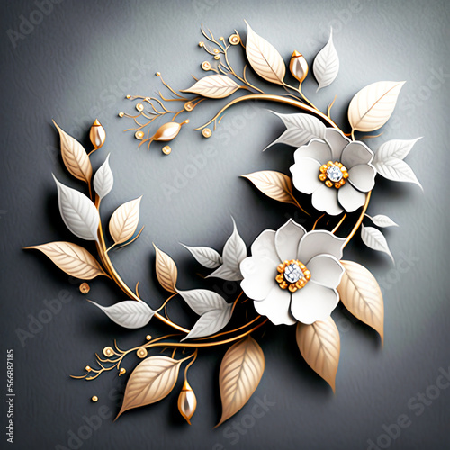 3d wreath of golden leaves with white flowers