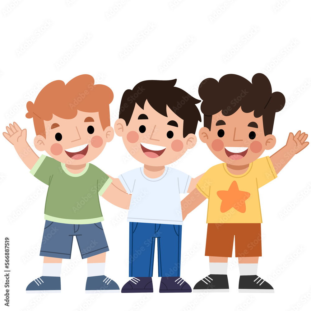 Illustration of happy children hugging each other and waving illustration children's day