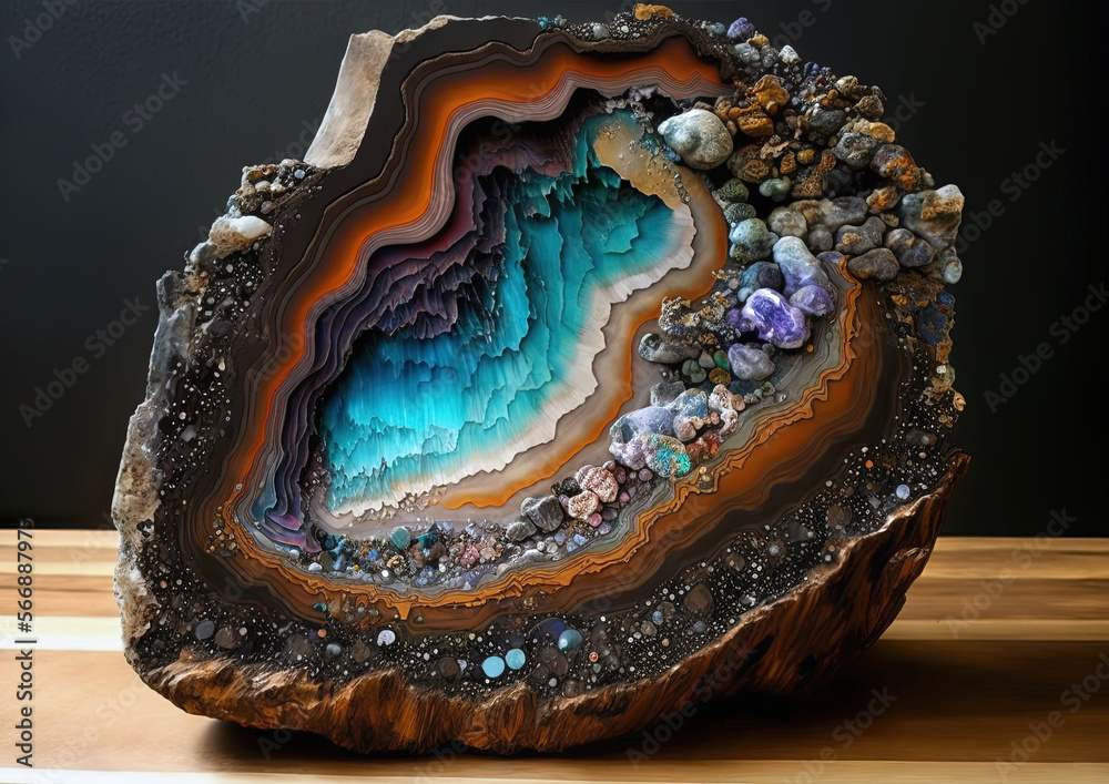 Background of natural volcanic agate stone texture, raw crystal. Fairburn agate colorful  mineral rock. Pure quartz marble formation art  on a wooden surface.. Orange and cyan gemstone. Generative art