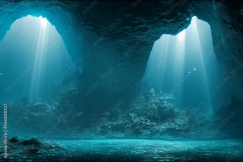 Mysterious dark underwater cave with reefs journey to bottom of sea ...