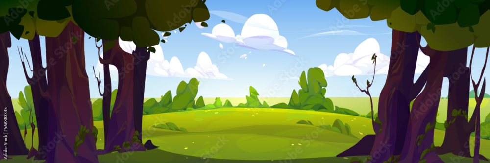 Summer forest landscape with green trees, bushes, grass. Nature park scenery, countryside panorama with trees and meadows on sunny day, blue sky with white clouds vector cartoon illustration