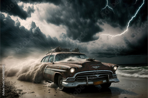 Storm flash over the night sky. Concept on topic weather  cataclysms  hurricane  Typhoon  tornado  storm  vehicle in storm.