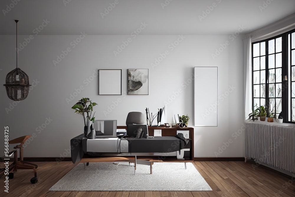 Fototapeta premium mock up poster frame in boho interior background, wooden living room design, Scandinavian style. Generative AI illustration