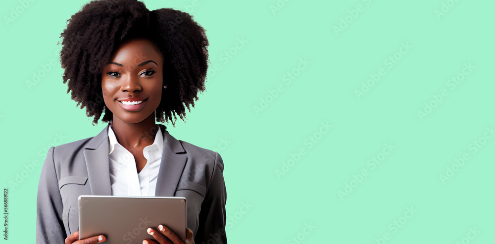 Positive african american business lady using digital tablet. Generative AI Positive african american business lady using digital tablet. Generative AI