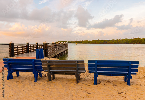 Wooden Benches and Fishing Pier on Sister Creek and Sombrero Beach  Marathon   Florida  USA