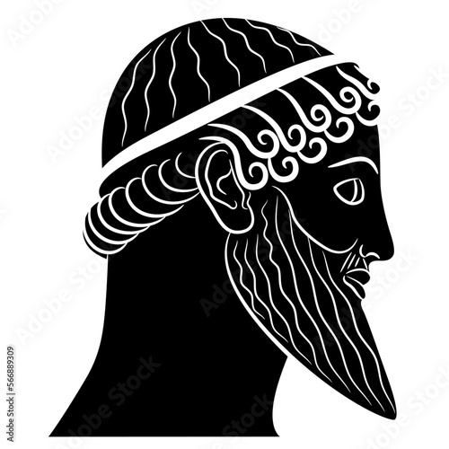 Ancient Greek god Poseidon. Head of a handsome bearded antique man in profile. Male portrait. Black and white negative silhouette.