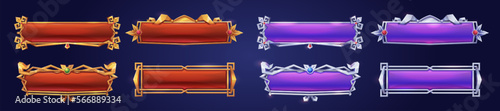 Medieval buttons, ui game menu elements, oblong banners and gold silver ornate rims. Empty royal gui bars for rpg or arcade, golden borders, web design interface Cartoon 3d vector illustration, set