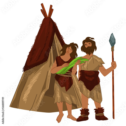 Prehistoric culture, ancient man and woman by hut