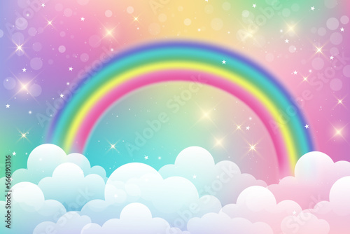 Fantasy unicorn background with clouds on rainbow sky. Magical landscape  abstract fabulous wallpaper with stars and sparkles. Arched realistic spectrum. Vector.