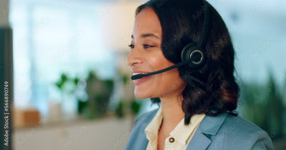 Call center woman, headset microphone and office by computer, smile or start working at agency. Crm expert, pc and happy for customer support consultant, telemarketing or consulting job in workplace