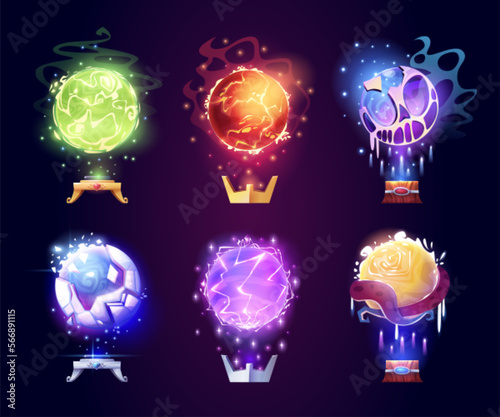 Magic crystal balls, energy spheres with light effect. Fantasy magician, sorcerer or fortune teller crystal orbs with shine, lightnings, fire and tentacles, vector cartoon illustration
