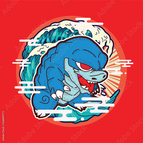 dino illustration with japanese style for kaijune event, notebook, logo